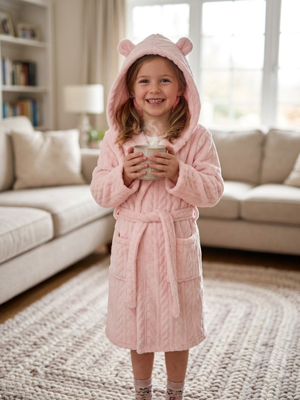 Kids Plush Hooded Bathrobe - Soft Pink 10-14 yrs house coat hood ears house coat